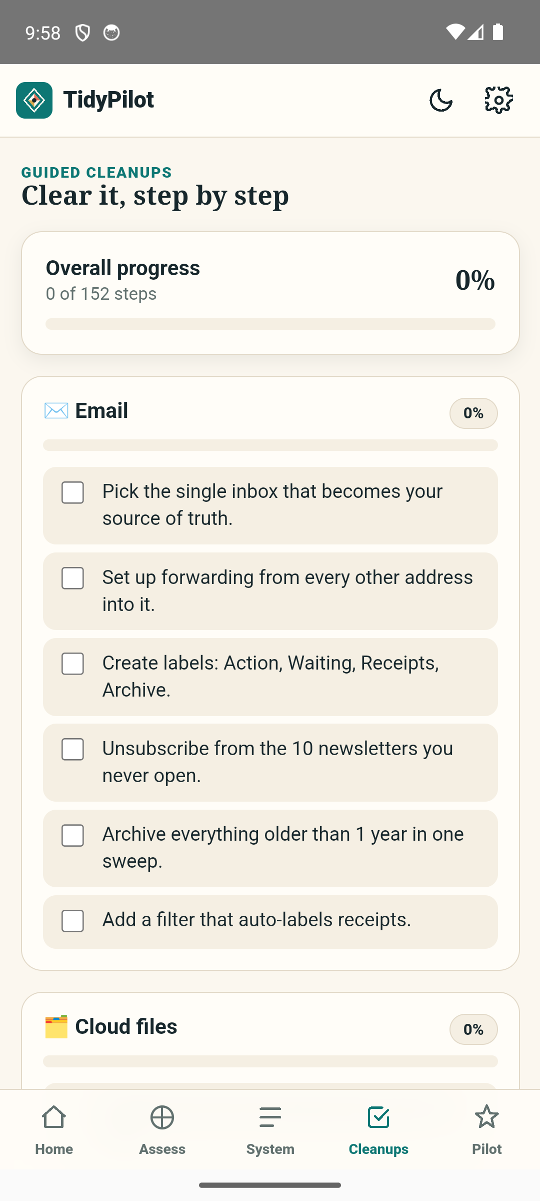 Guided cleanups with progress tracking