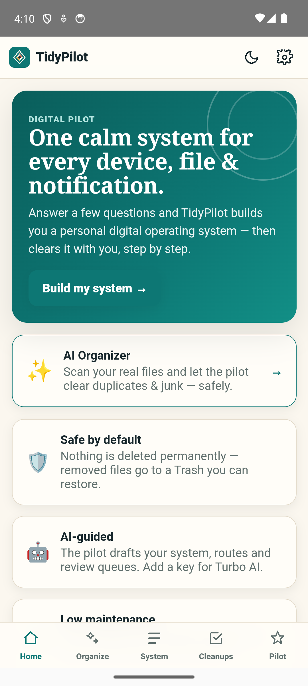 TidyPilot home screen