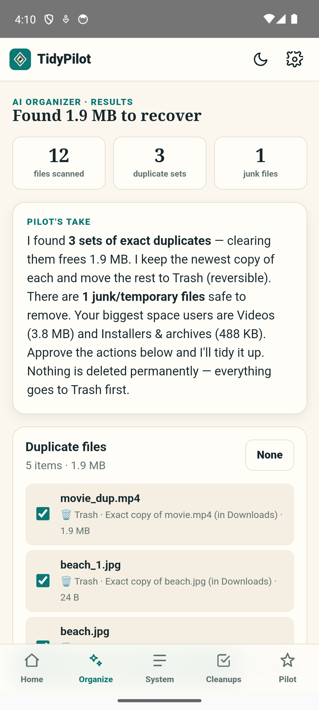 AI Organizer results: duplicates and junk found, with space to reclaim